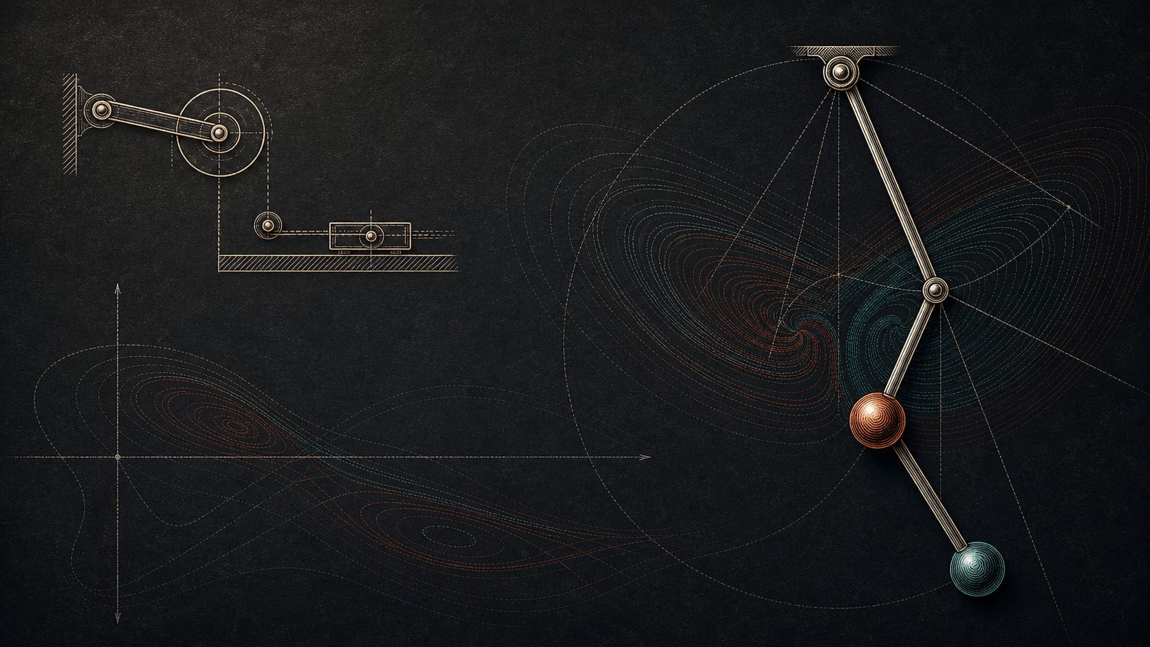 Technical illustration of a double pendulum and phase-space trajectories
